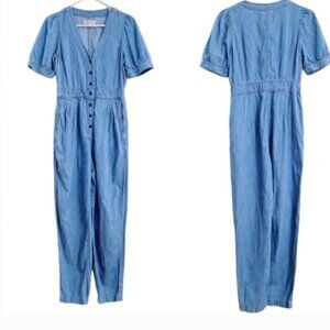 Madewell Denim Puff-Sleeve Button-Front Jumpsuit Straight Leg Sz 0